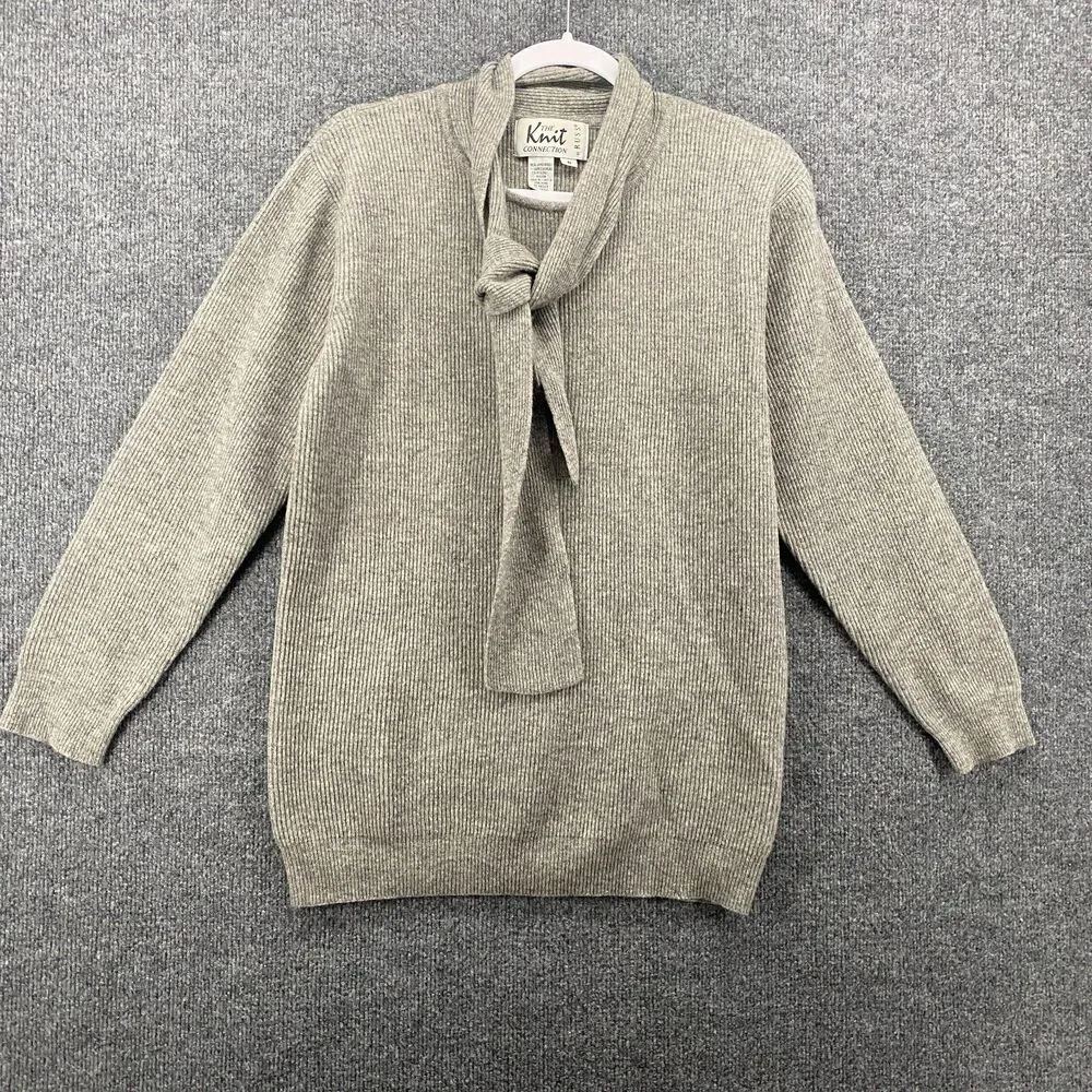 Vintage Russ Lambswool Sweater Womens S Gray Neck Tie Pullover‎ Preppy Old Money